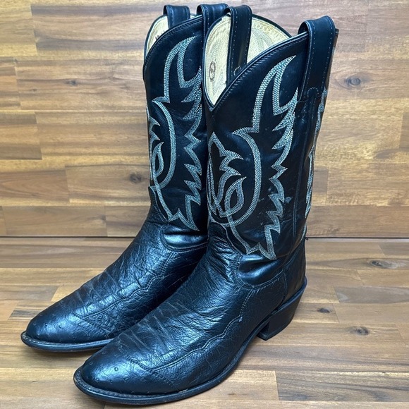 Tony Lama Cowboy Boots Mens 9 D Black Ostrich Wingtip Round Toe Y2060 - Picture 8 of 14